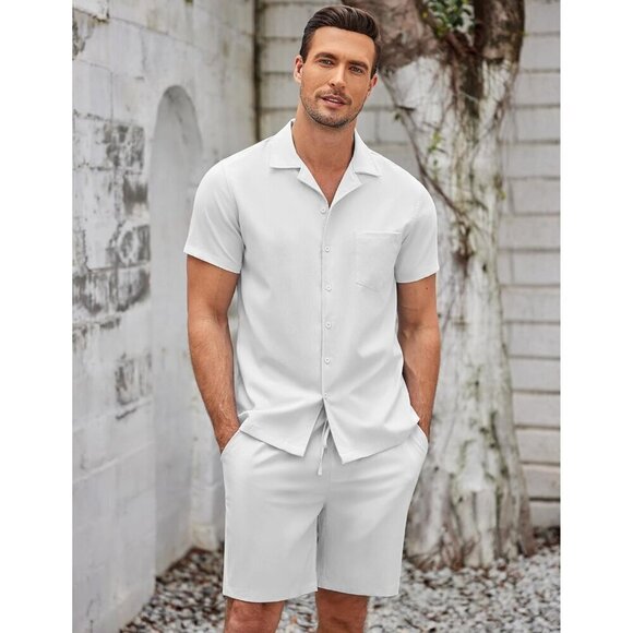 Mens White 2 Piece Casual Beach Outfit Short Sleeve Button Down Shirts Short Set - Picture 2 of 6